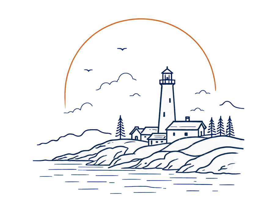 A Nova Scotia coastal village at sunrise, a lighthouse against a warm sun arc
